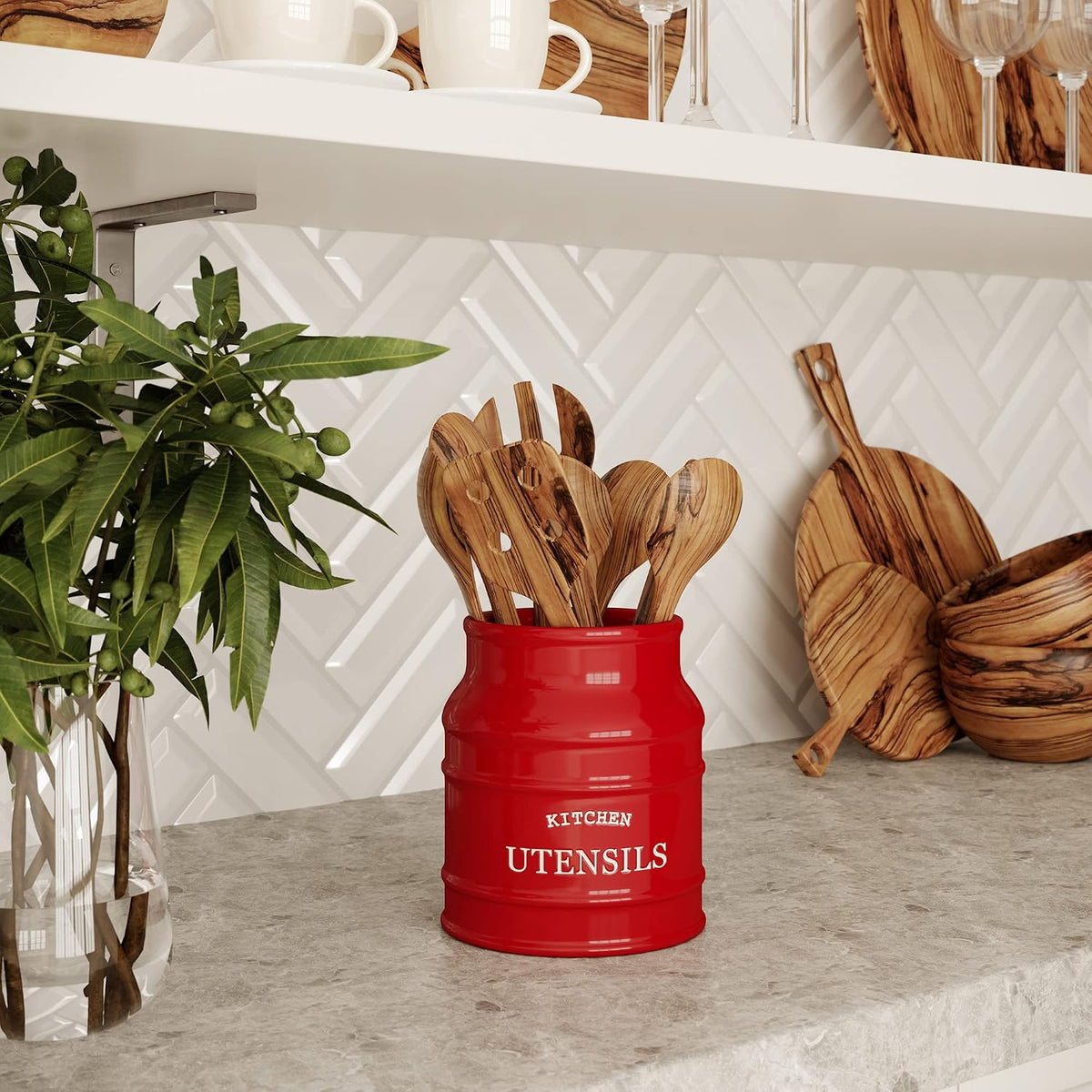 Ceramic Kitchen Utensil Holder Countertop 6.75″ (Taupe) | Large Rustic Kitchen Utensil Crock Counter Organizer for Cooking Tools, Spatulas, and Gadgets; Spatula Caddy; Farmhouse Decor
