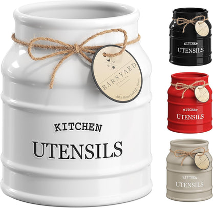 Ceramic Kitchen Utensil Holder Countertop 6.75″ (Taupe) | Large Rustic Kitchen Utensil Crock Counter Organizer for Cooking Tools, Spatulas, and Gadgets; Spatula Caddy; Farmhouse Decor