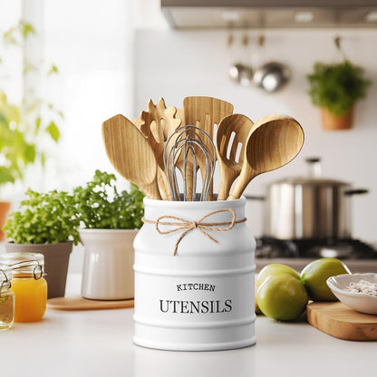 Ceramic Kitchen Utensil Holder Countertop 6.75″ (Taupe) | Large Rustic Kitchen Utensil Crock Counter Organizer for Cooking Tools, Spatulas, and Gadgets; Spatula Caddy; Farmhouse Decor