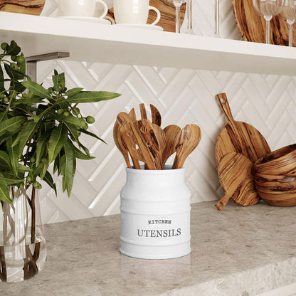 Ceramic Kitchen Utensil Holder Countertop 6.75″ (Taupe) | Large Rustic Kitchen Utensil Crock Counter Organizer for Cooking Tools, Spatulas, and Gadgets; Spatula Caddy; Farmhouse Decor