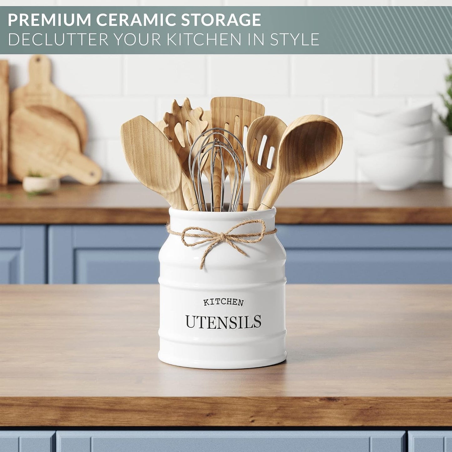 Ceramic Kitchen Utensil Holder Countertop 6.75″ (Taupe) | Large Rustic Kitchen Utensil Crock Counter Organizer for Cooking Tools, Spatulas, and Gadgets; Spatula Caddy; Farmhouse Decor