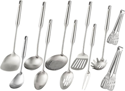 18/10 Stainless Steel Cooking Tools Set - 11PCS All Metal Kitchen Utensils | Round Handle Utensils - 2 Tongs, Fork, Solid Slotted Spoon, Spatula, Soup Ladle, Skimmer, Turner, Spaghetti, Large Spoon