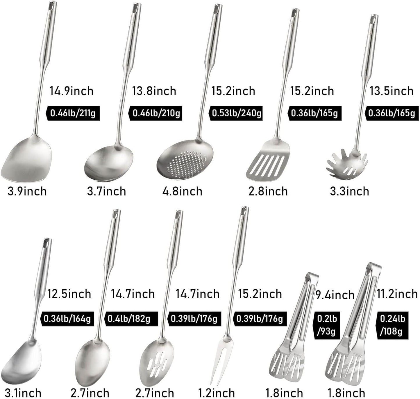 18/10 Stainless Steel Cooking Tools Set - 11PCS All Metal Kitchen Utensils | Round Handle Utensils - 2 Tongs, Fork, Solid Slotted Spoon, Spatula, Soup Ladle, Skimmer, Turner, Spaghetti, Large Spoon