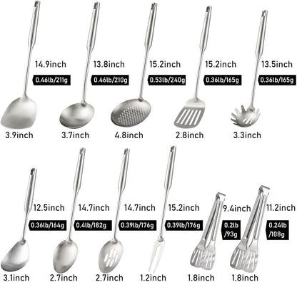 18/10 Stainless Steel Cooking Tools Set - 11PCS All Metal Kitchen Utensils | Round Handle Utensils - 2 Tongs, Fork, Solid Slotted Spoon, Spatula, Soup Ladle, Skimmer, Turner, Spaghetti, Large Spoon