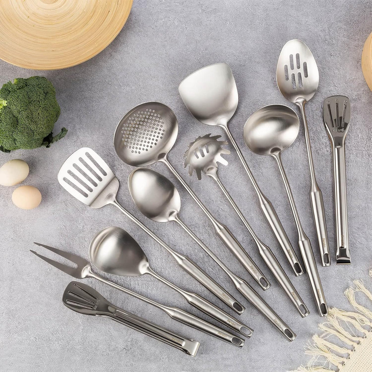 18/10 Stainless Steel Cooking Tools Set - 11PCS All Metal Kitchen Utensils | Round Handle Utensils - 2 Tongs, Fork, Solid Slotted Spoon, Spatula, Soup Ladle, Skimmer, Turner, Spaghetti, Large Spoon
