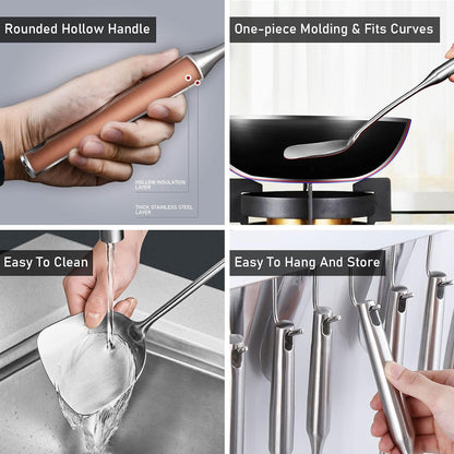 18/10 Stainless Steel Cooking Tools Set - 11PCS All Metal Kitchen Utensils | Round Handle Utensils - 2 Tongs, Fork, Solid Slotted Spoon, Spatula, Soup Ladle, Skimmer, Turner, Spaghetti, Large Spoon