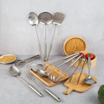 18/10 Stainless Steel Cooking Tools Set - 11PCS All Metal Kitchen Utensils | Round Handle Utensils - 2 Tongs, Fork, Solid Slotted Spoon, Spatula, Soup Ladle, Skimmer, Turner, Spaghetti, Large Spoon