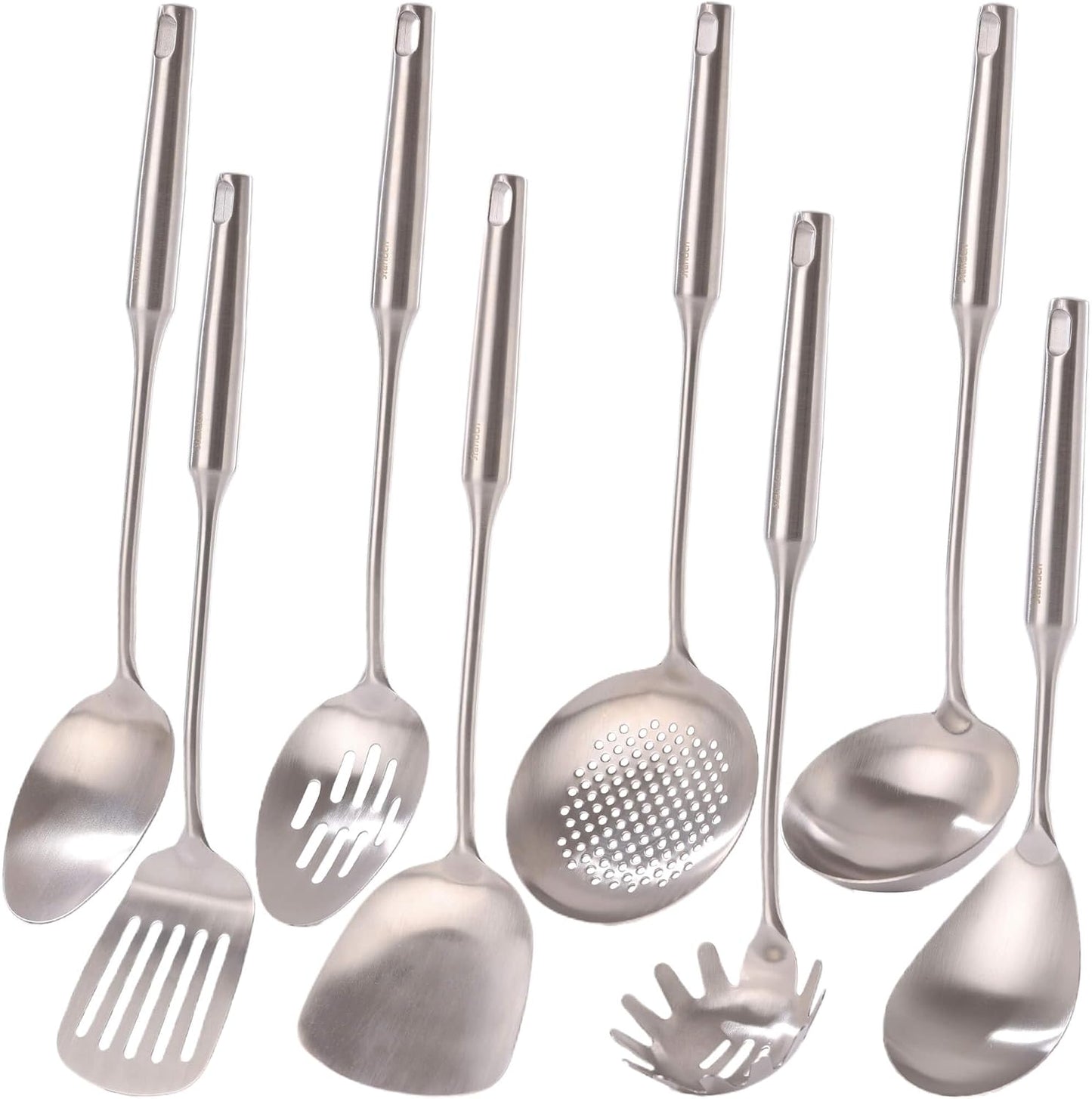18/10 Stainless Steel Cooking Tools Set - 11PCS All Metal Kitchen Utensils | Round Handle Utensils - 2 Tongs, Fork, Solid Slotted Spoon, Spatula, Soup Ladle, Skimmer, Turner, Spaghetti, Large Spoon