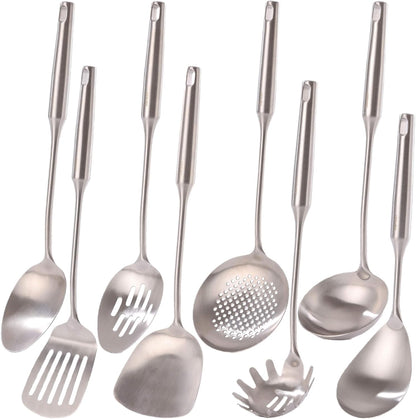 18/10 Stainless Steel Cooking Tools Set - 11PCS All Metal Kitchen Utensils | Round Handle Utensils - 2 Tongs, Fork, Solid Slotted Spoon, Spatula, Soup Ladle, Skimmer, Turner, Spaghetti, Large Spoon