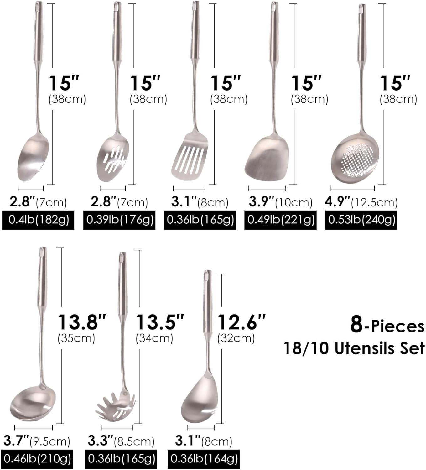 18/10 Stainless Steel Cooking Tools Set - 11PCS All Metal Kitchen Utensils | Round Handle Utensils - 2 Tongs, Fork, Solid Slotted Spoon, Spatula, Soup Ladle, Skimmer, Turner, Spaghetti, Large Spoon