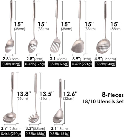 18/10 Stainless Steel Cooking Tools Set - 11PCS All Metal Kitchen Utensils | Round Handle Utensils - 2 Tongs, Fork, Solid Slotted Spoon, Spatula, Soup Ladle, Skimmer, Turner, Spaghetti, Large Spoon