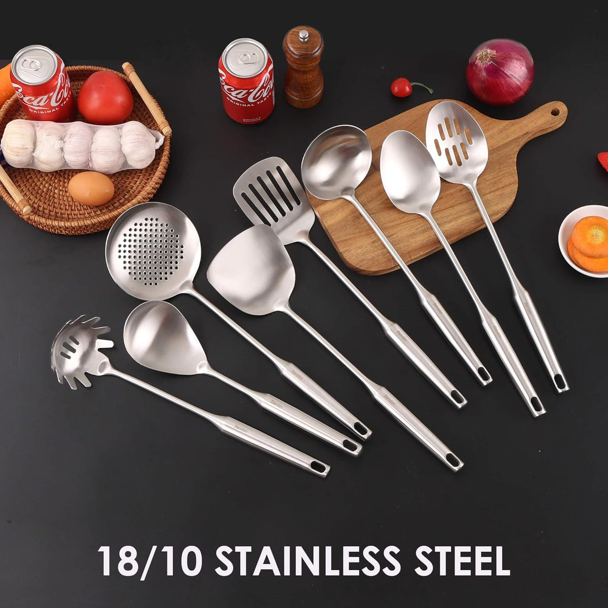 18/10 Stainless Steel Cooking Tools Set - 11PCS All Metal Kitchen Utensils | Round Handle Utensils - 2 Tongs, Fork, Solid Slotted Spoon, Spatula, Soup Ladle, Skimmer, Turner, Spaghetti, Large Spoon