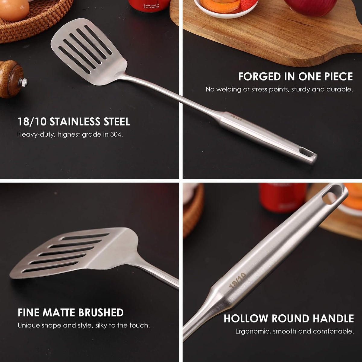 18/10 Stainless Steel Cooking Tools Set - 11PCS All Metal Kitchen Utensils | Round Handle Utensils - 2 Tongs, Fork, Solid Slotted Spoon, Spatula, Soup Ladle, Skimmer, Turner, Spaghetti, Large Spoon