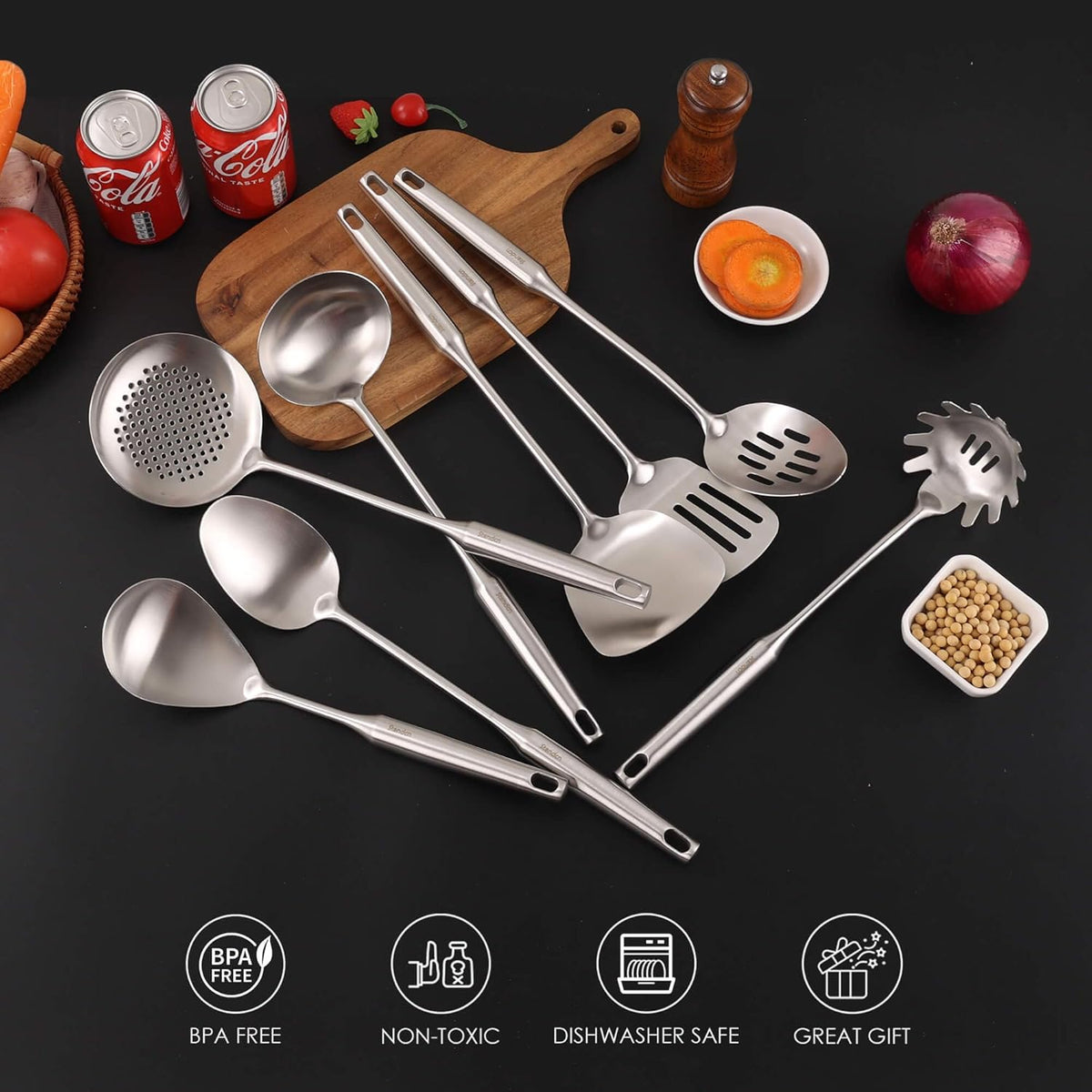 18/10 Stainless Steel Cooking Tools Set - 11PCS All Metal Kitchen Utensils | Round Handle Utensils - 2 Tongs, Fork, Solid Slotted Spoon, Spatula, Soup Ladle, Skimmer, Turner, Spaghetti, Large Spoon