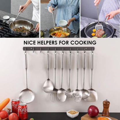 18/10 Stainless Steel Cooking Tools Set - 11PCS All Metal Kitchen Utensils | Round Handle Utensils - 2 Tongs, Fork, Solid Slotted Spoon, Spatula, Soup Ladle, Skimmer, Turner, Spaghetti, Large Spoon