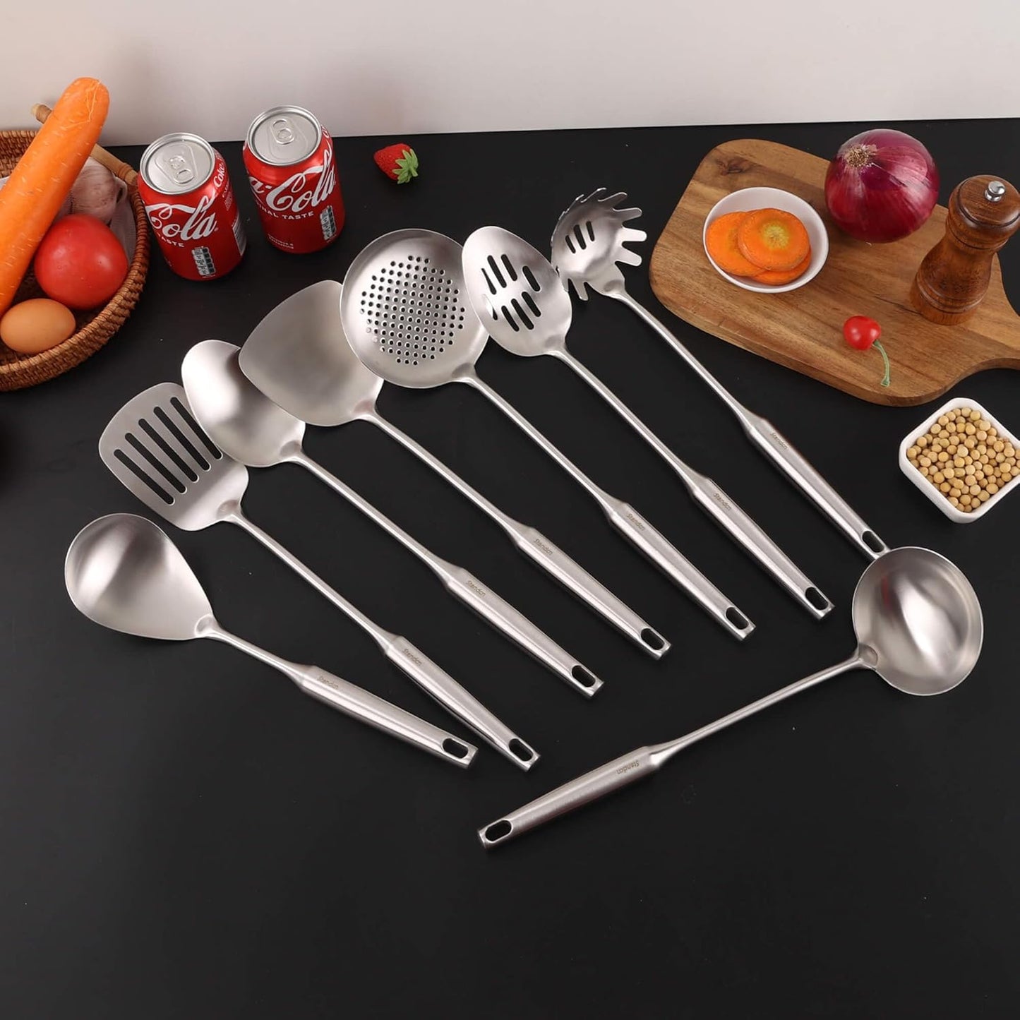 18/10 Stainless Steel Cooking Tools Set - 11PCS All Metal Kitchen Utensils | Round Handle Utensils - 2 Tongs, Fork, Solid Slotted Spoon, Spatula, Soup Ladle, Skimmer, Turner, Spaghetti, Large Spoon
