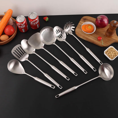 18/10 Stainless Steel Cooking Tools Set - 11PCS All Metal Kitchen Utensils | Round Handle Utensils - 2 Tongs, Fork, Solid Slotted Spoon, Spatula, Soup Ladle, Skimmer, Turner, Spaghetti, Large Spoon