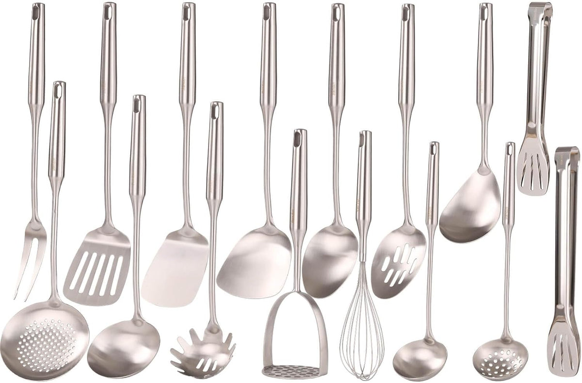 18/10 Stainless Steel Cooking Tools Set - 11PCS All Metal Kitchen Utensils | Round Handle Utensils - 2 Tongs, Fork, Solid Slotted Spoon, Spatula, Soup Ladle, Skimmer, Turner, Spaghetti, Large Spoon