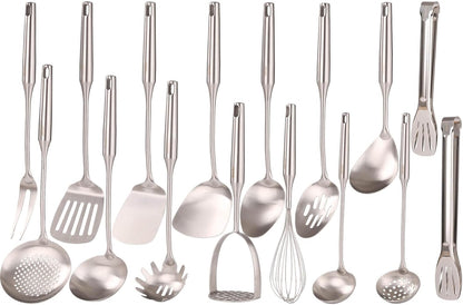 18/10 Stainless Steel Cooking Tools Set - 11PCS All Metal Kitchen Utensils | Round Handle Utensils - 2 Tongs, Fork, Solid Slotted Spoon, Spatula, Soup Ladle, Skimmer, Turner, Spaghetti, Large Spoon