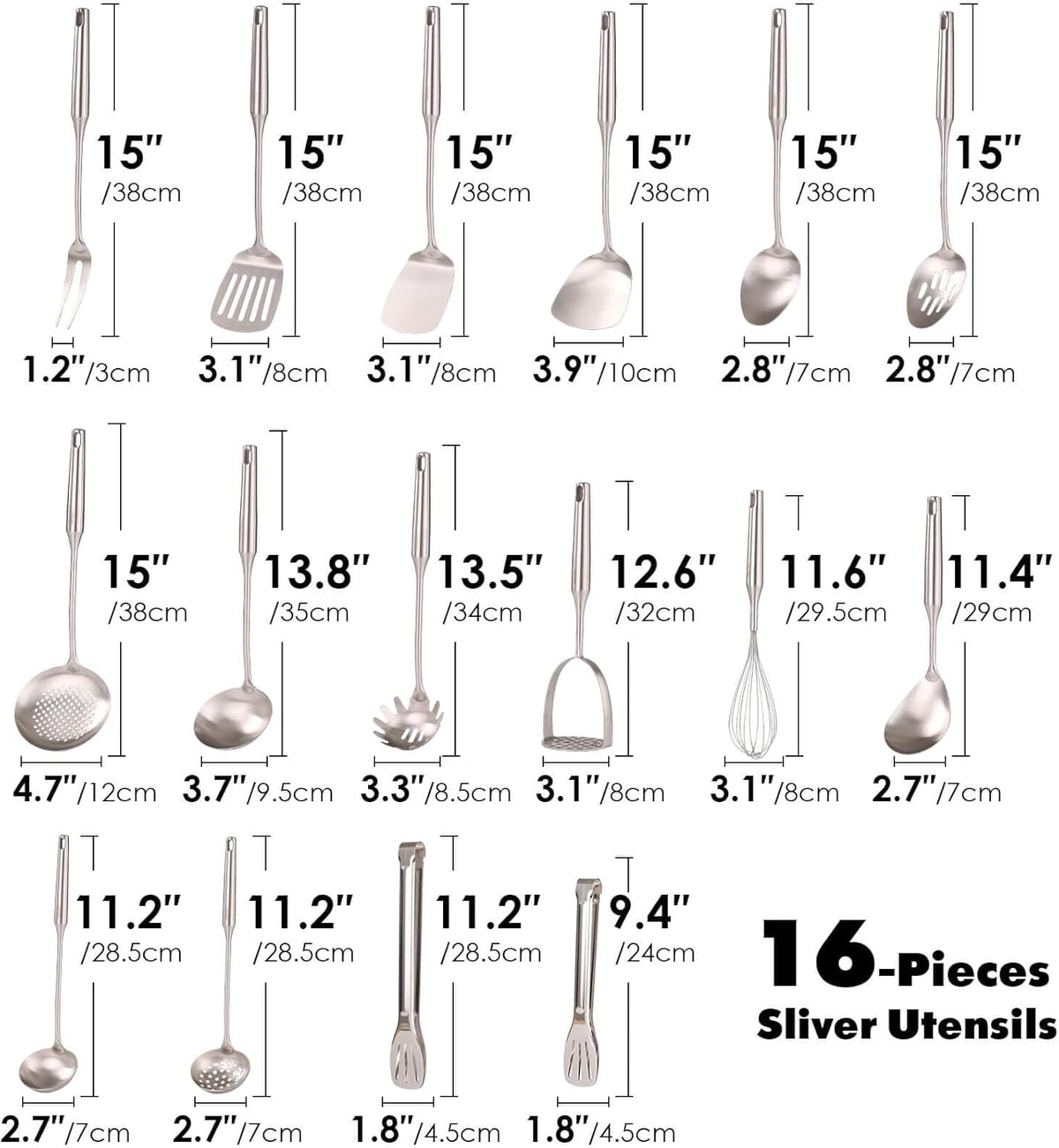 18/10 Stainless Steel Cooking Tools Set - 11PCS All Metal Kitchen Utensils | Round Handle Utensils - 2 Tongs, Fork, Solid Slotted Spoon, Spatula, Soup Ladle, Skimmer, Turner, Spaghetti, Large Spoon