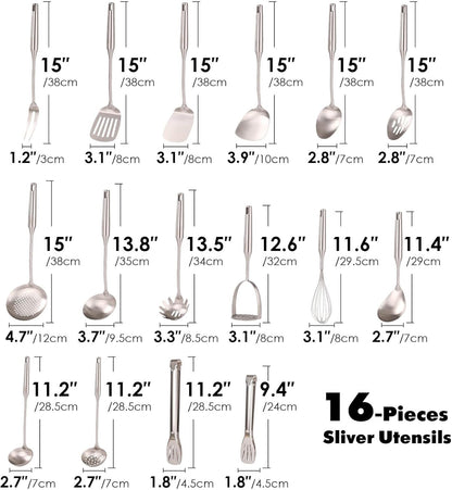 18/10 Stainless Steel Cooking Tools Set - 11PCS All Metal Kitchen Utensils | Round Handle Utensils - 2 Tongs, Fork, Solid Slotted Spoon, Spatula, Soup Ladle, Skimmer, Turner, Spaghetti, Large Spoon
