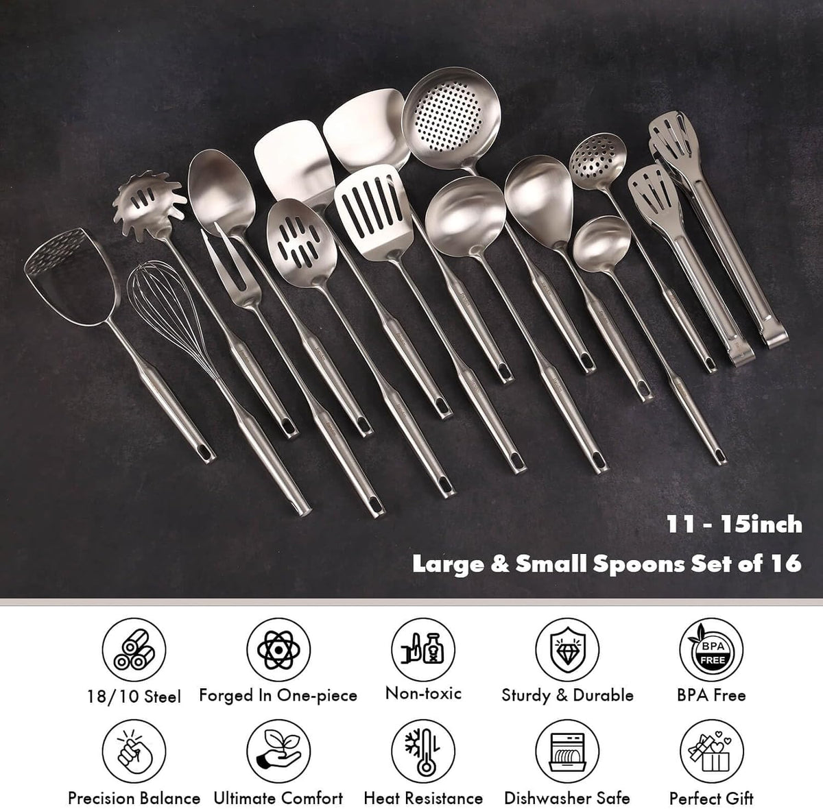 18/10 Stainless Steel Cooking Tools Set - 11PCS All Metal Kitchen Utensils | Round Handle Utensils - 2 Tongs, Fork, Solid Slotted Spoon, Spatula, Soup Ladle, Skimmer, Turner, Spaghetti, Large Spoon