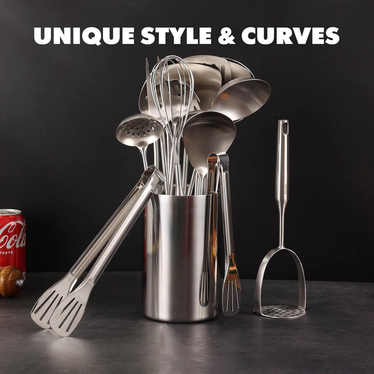 18/10 Stainless Steel Cooking Tools Set - 11PCS All Metal Kitchen Utensils | Round Handle Utensils - 2 Tongs, Fork, Solid Slotted Spoon, Spatula, Soup Ladle, Skimmer, Turner, Spaghetti, Large Spoon