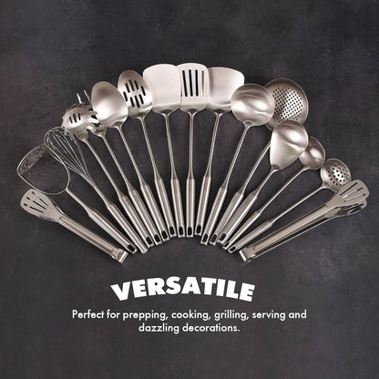 18/10 Stainless Steel Cooking Tools Set - 11PCS All Metal Kitchen Utensils | Round Handle Utensils - 2 Tongs, Fork, Solid Slotted Spoon, Spatula, Soup Ladle, Skimmer, Turner, Spaghetti, Large Spoon