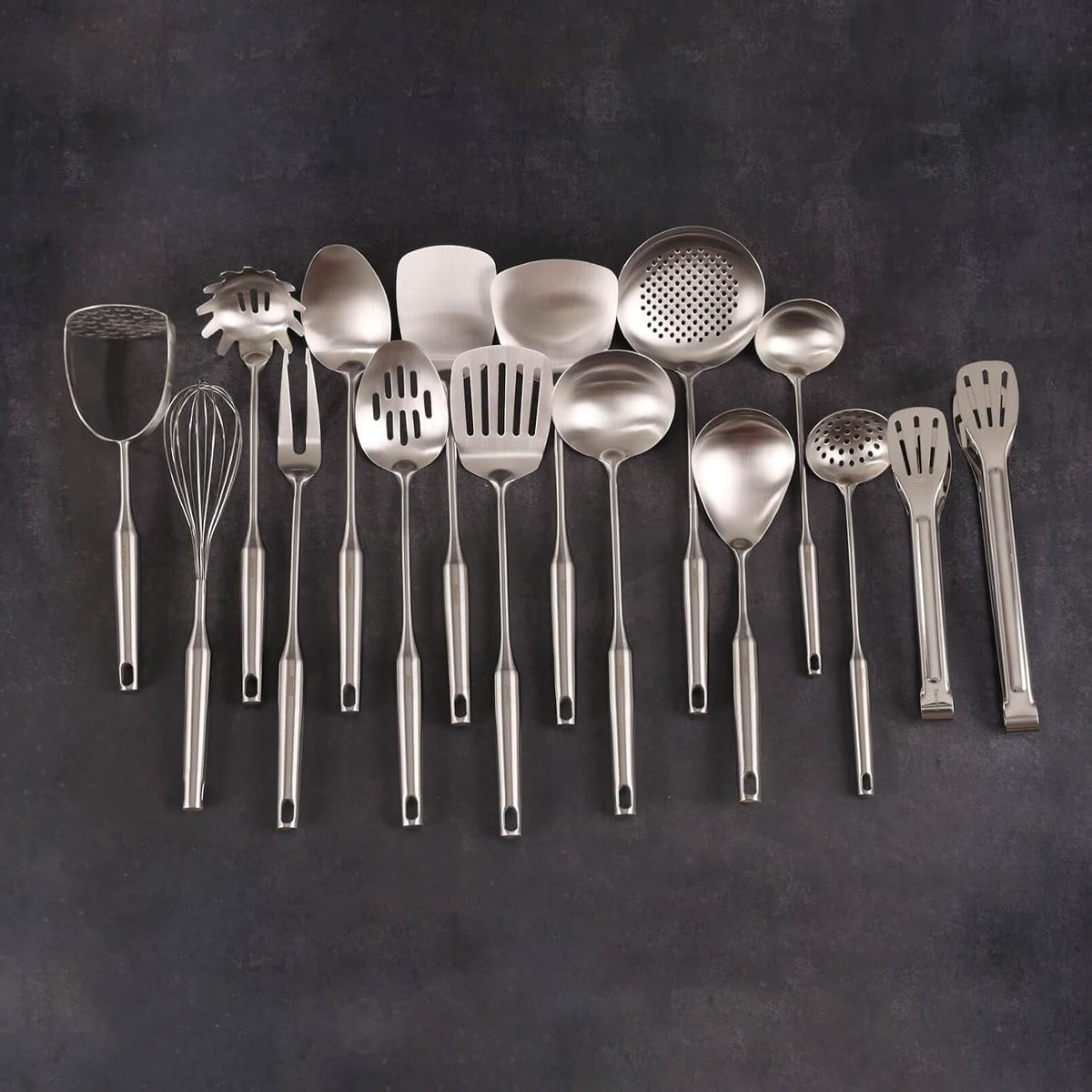 18/10 Stainless Steel Cooking Tools Set - 11PCS All Metal Kitchen Utensils | Round Handle Utensils - 2 Tongs, Fork, Solid Slotted Spoon, Spatula, Soup Ladle, Skimmer, Turner, Spaghetti, Large Spoon