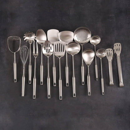 18/10 Stainless Steel Cooking Tools Set - 11PCS All Metal Kitchen Utensils | Round Handle Utensils - 2 Tongs, Fork, Solid Slotted Spoon, Spatula, Soup Ladle, Skimmer, Turner, Spaghetti, Large Spoon
