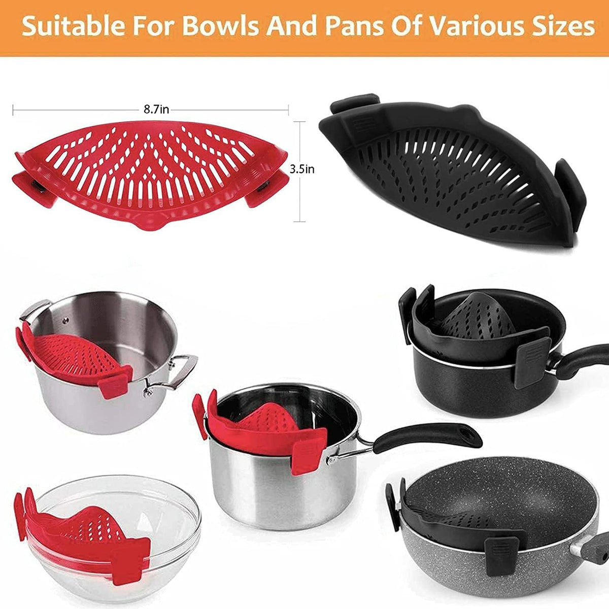 2 Pcs Clip on Strainer, Pot Strainer for Pasta Meat Vegetables Fruit, Silicone Strainers - Fit All Pots Bowls.