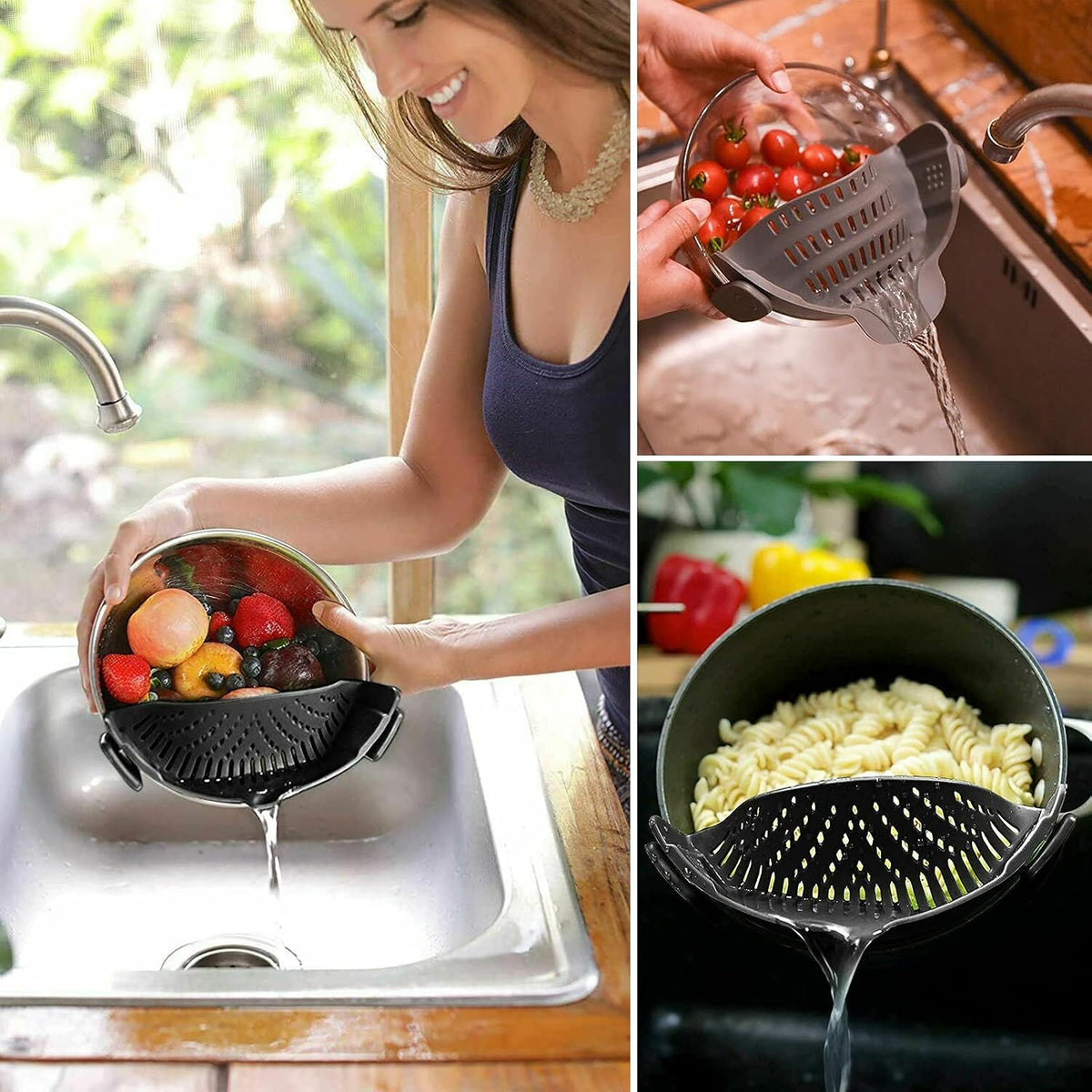 2 Pcs Clip on Strainer, Pot Strainer for Pasta Meat Vegetables Fruit, Silicone Strainers - Fit All Pots Bowls.