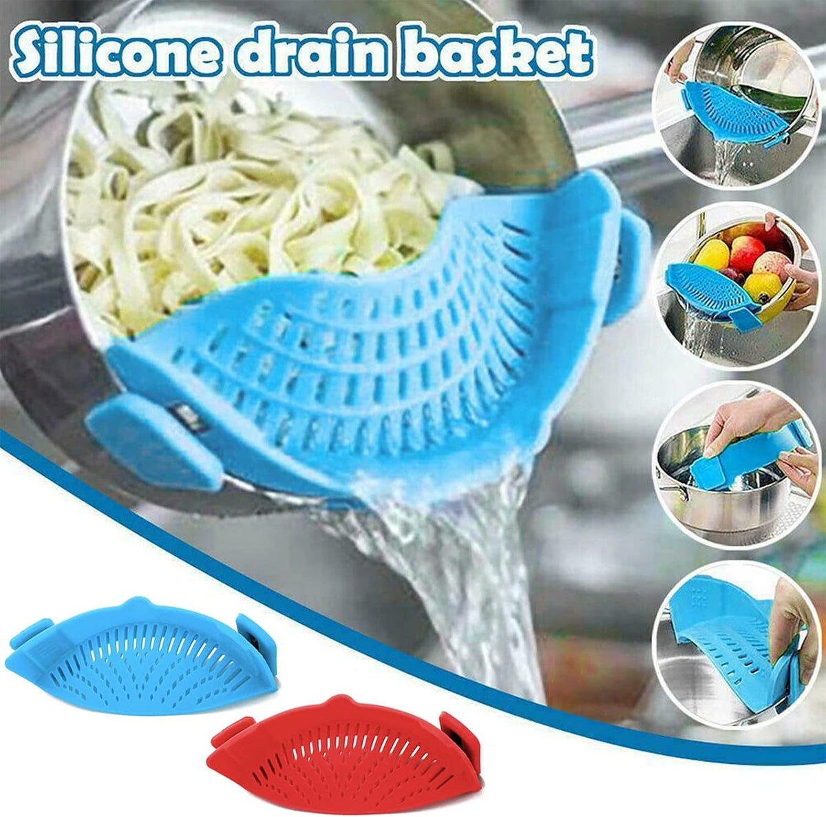 2 Pcs Clip on Strainer, Pot Strainer for Pasta Meat Vegetables Fruit, Silicone Strainers - Fit All Pots Bowls.