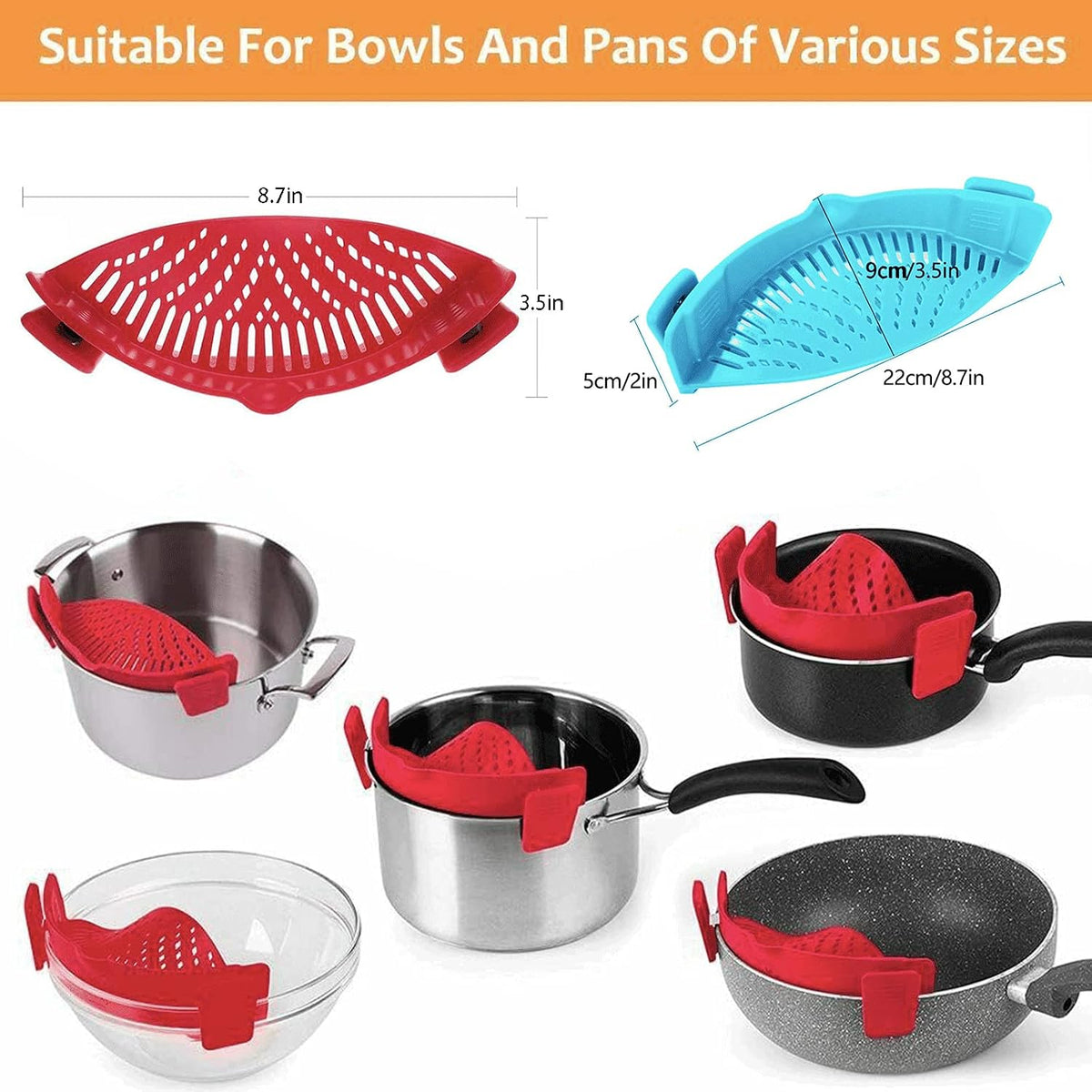 2 Pcs Clip on Strainer, Pot Strainer for Pasta Meat Vegetables Fruit, Silicone Strainers - Fit All Pots Bowls.