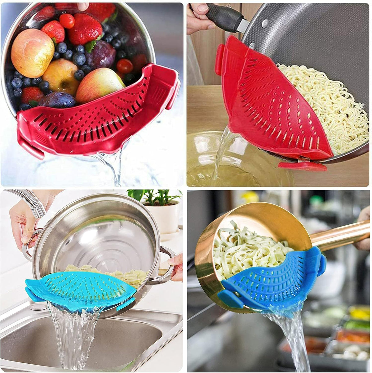 2 Pcs Clip on Strainer, Pot Strainer for Pasta Meat Vegetables Fruit, Silicone Strainers - Fit All Pots Bowls.