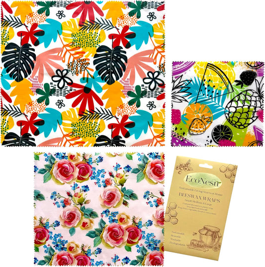 Beeswax Food Wraps (3-Pack S/M/L) – Reusable & Washable Food Storage Wraps, Plastic-Free Alternative for Sandwiches, Produce & Bowls