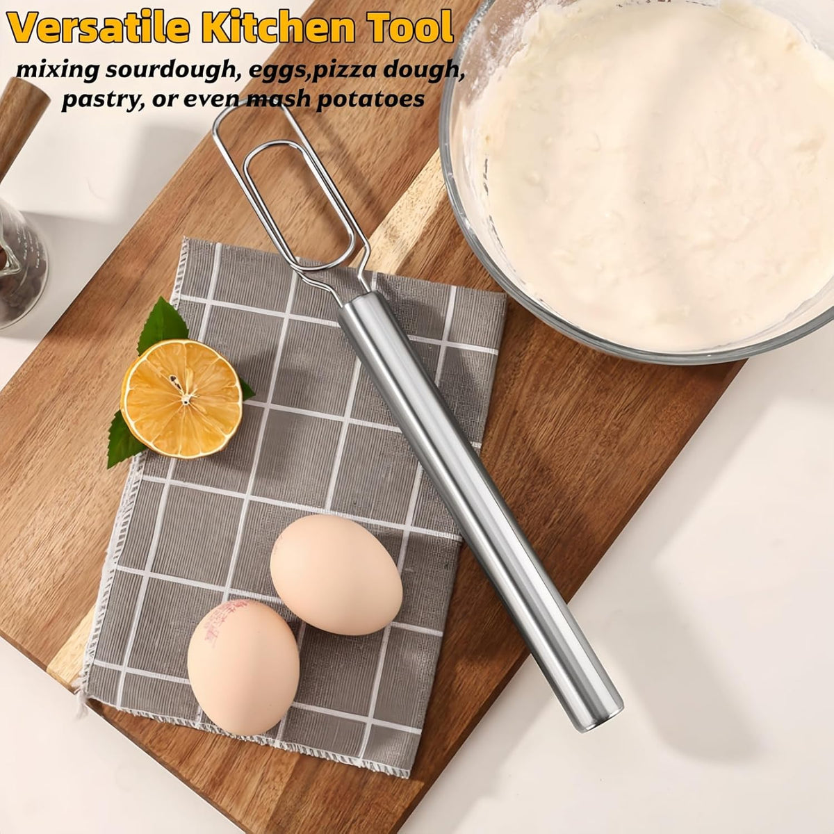 2PCS 2025 New Danish Dough Stainless Steel Bread Mixer,11.8"Stainless Steel Sourdough Starter Spatula & Dough Mixer,Bread Whisk for Cooking, Sourdough, Pizza,Pastry Baking,Easy to Clean(Silver)
