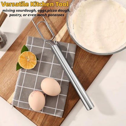 2PCS 2025 New Danish Dough Stainless Steel Bread Mixer,11.8"Stainless Steel Sourdough Starter Spatula & Dough Mixer,Bread Whisk for Cooking, Sourdough, Pizza,Pastry Baking,Easy to Clean(Silver)