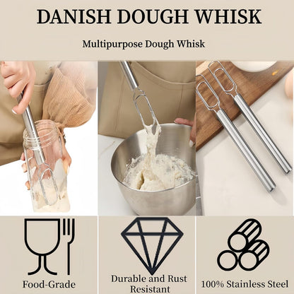 2PCS 2025 New Danish Dough Stainless Steel Bread Mixer,11.8"Stainless Steel Sourdough Starter Spatula & Dough Mixer,Bread Whisk for Cooking, Sourdough, Pizza,Pastry Baking,Easy to Clean(Silver)