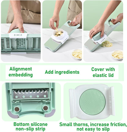 Vegetable Chopper, Mandoline Food Slicer Cutter with Handheld Container, 6 Blades and Blade Box, Cucumber Slicer, Magnetic Kitchen Tools for Veggie Potato Onion Carrot (Green(No magnet), 8 in 1)
