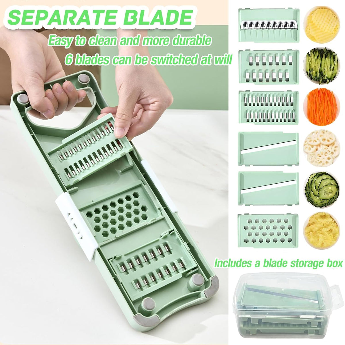Vegetable Chopper, Mandoline Food Slicer Cutter with Handheld Container, 6 Blades and Blade Box, Cucumber Slicer, Magnetic Kitchen Tools for Veggie Potato Onion Carrot (Green(No magnet), 8 in 1)