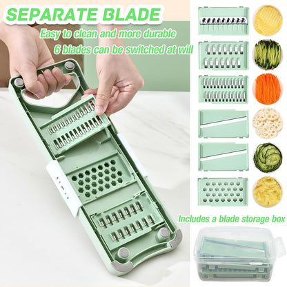 Vegetable Chopper, Mandoline Food Slicer Cutter with Handheld Container, 6 Blades and Blade Box, Cucumber Slicer, Magnetic Kitchen Tools for Veggie Potato Onion Carrot (Green(No magnet), 8 in 1)