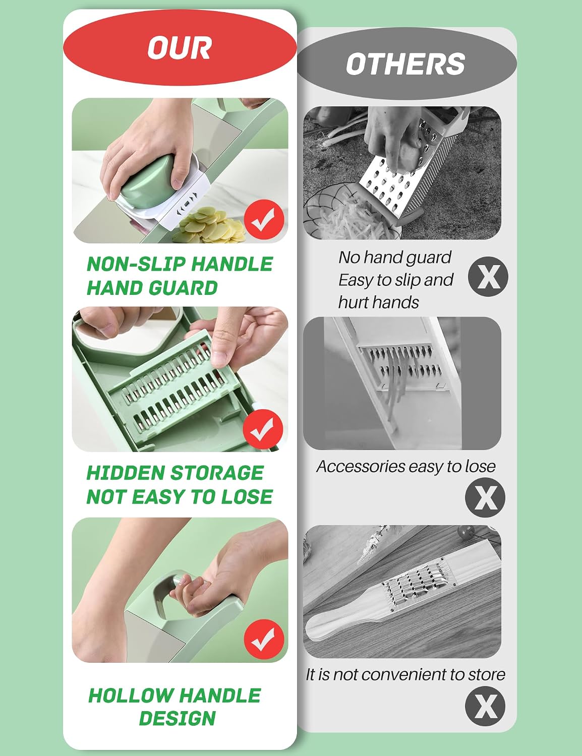 Vegetable Chopper, Mandoline Food Slicer Cutter with Handheld Container, 6 Blades and Blade Box, Cucumber Slicer, Magnetic Kitchen Tools for Veggie Potato Onion Carrot (Green(No magnet), 8 in 1)