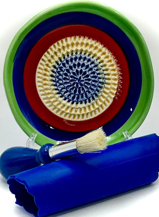 Premium Ceramic Garlic Grater Plate Set - Multicolor 5 Circle | Includes 5" Plate, Peeler, Brush, and Stand - For Strawberries, Ginger, Chocolate, Cheese, and more - Make your own puree!