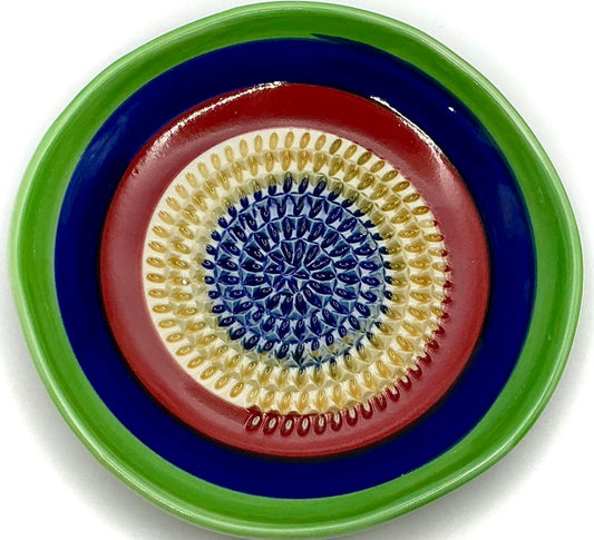 Premium Ceramic Garlic Grater Plate Set - Multicolor 5 Circle | Includes 5" Plate, Peeler, Brush, and Stand - For Strawberries, Ginger, Chocolate, Cheese, and more - Make your own puree!