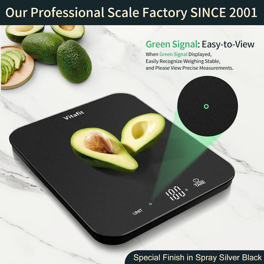 33lb/15kg Digital Food Scale in High Precision 0.1oz/1g, Our Own Kitchen Scale Professional Factory Since 2001, Kitchen Essentials for Cooking & Baking, LED, 3 AAA Battery, Spray Silver Black