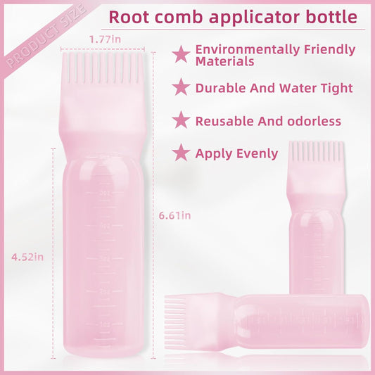 2Pack Root Comb Applicator Bottle - 6 Oz Hair Oil Applicator, Dye Bottle Tools with Oil Dispenser & Root Comb Brush - Pink