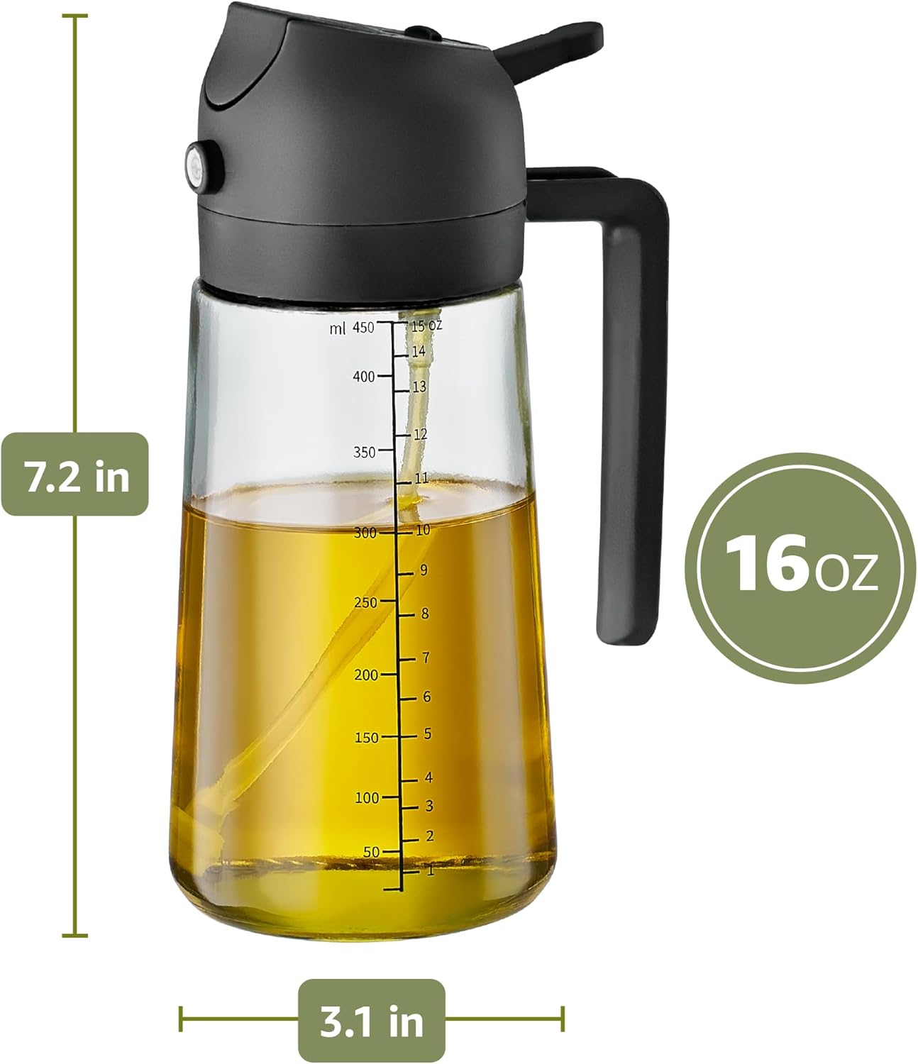 16oz Olive Oil Sprayer for Cooking, 2 in 1 Olive Oil Dispenser Bottle for Kitchen, Air Fryer, Salad, BBQ & Baking – Dual Spray Mist & Stream, with Measurement Marks, Black