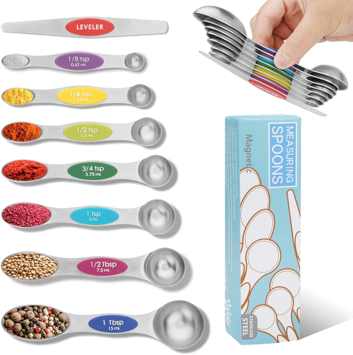 Magnetic Measuring Spoons Set of 8 with Leveler (Color）