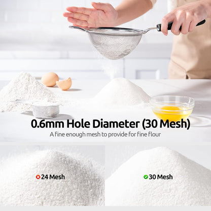 18/8 Stainless Steel Mesh Strainer: 5.5 Inch Kitchen Fine Mesh Sieve Food Colander with Riveted Sturdy Silicone Handle and 30 Mesh Hole for Straining Flour, Pasta, Fruit, Quinoa (Black)